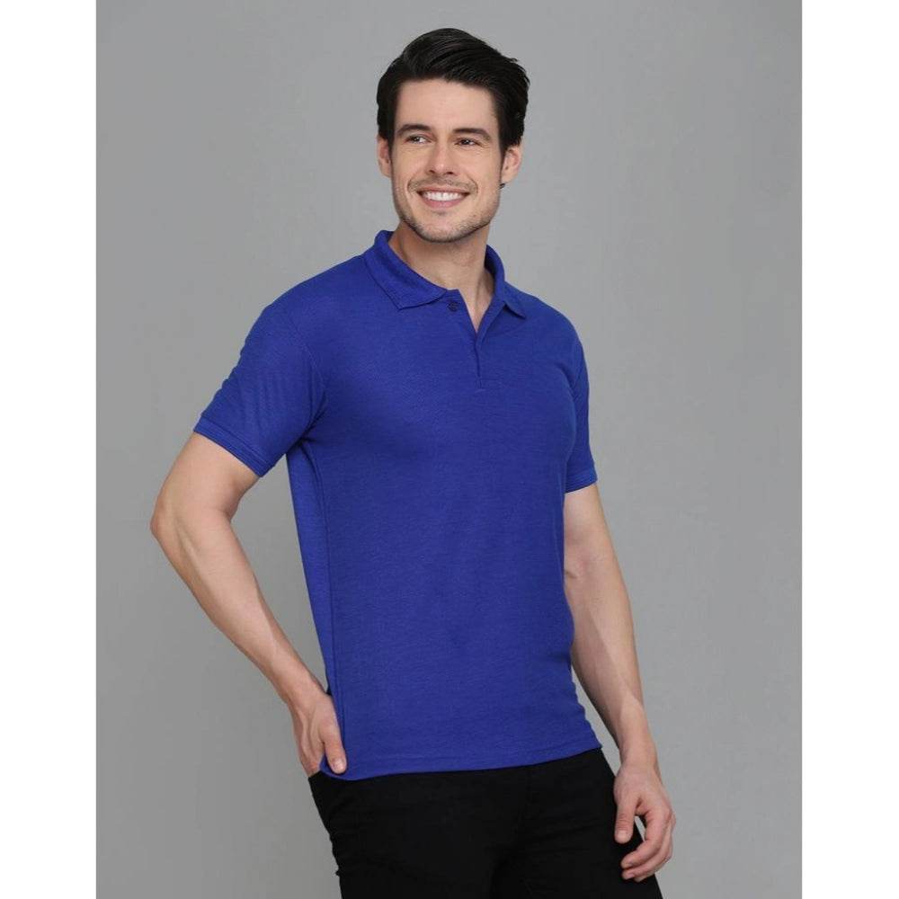 Generic Men's Casual Half Sleeve Solid Cotton Blended Polo Neck T-shirt (Blue) - MYLUXURY LANE ENTERPRISE