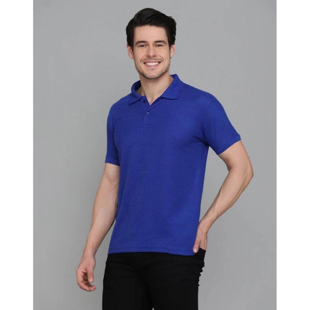 Generic Men's Casual Half Sleeve Solid Cotton Blended Polo Neck T-shirt (Blue) - MYLUXURY LANE ENTERPRISE