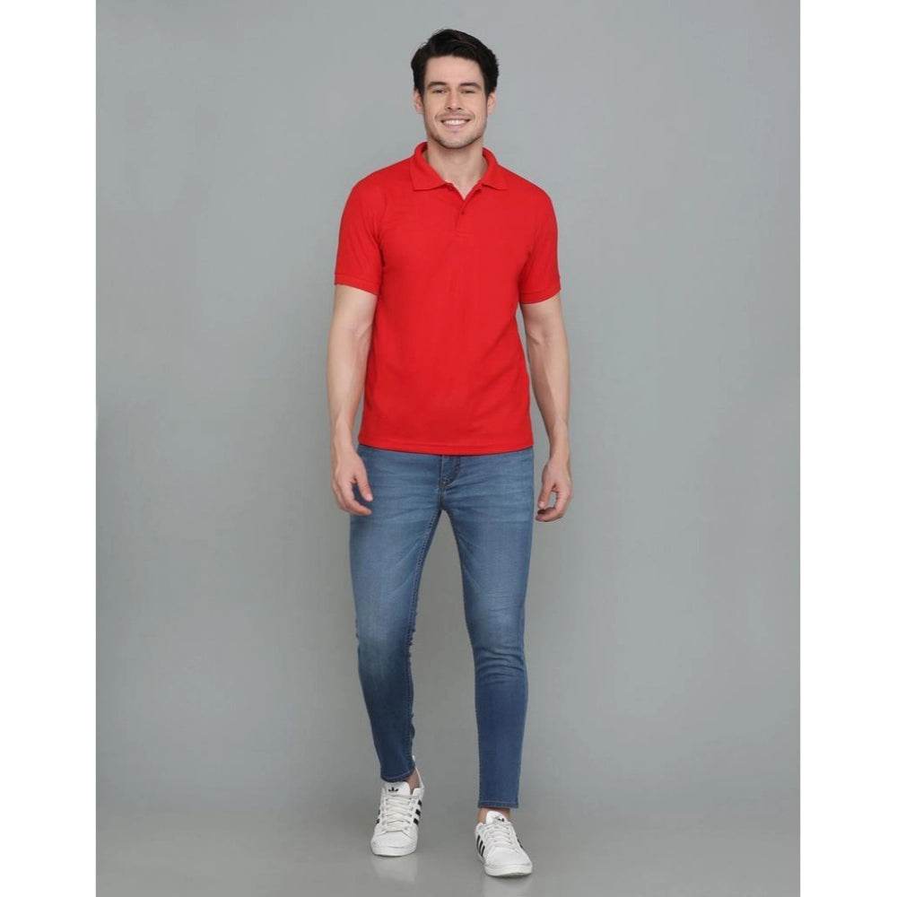 Generic Men's Casual Half Sleeve Solid Cotton Blended Polo Neck T-shirt (Red) - MYLUXURY LANE ENTERPRISE
