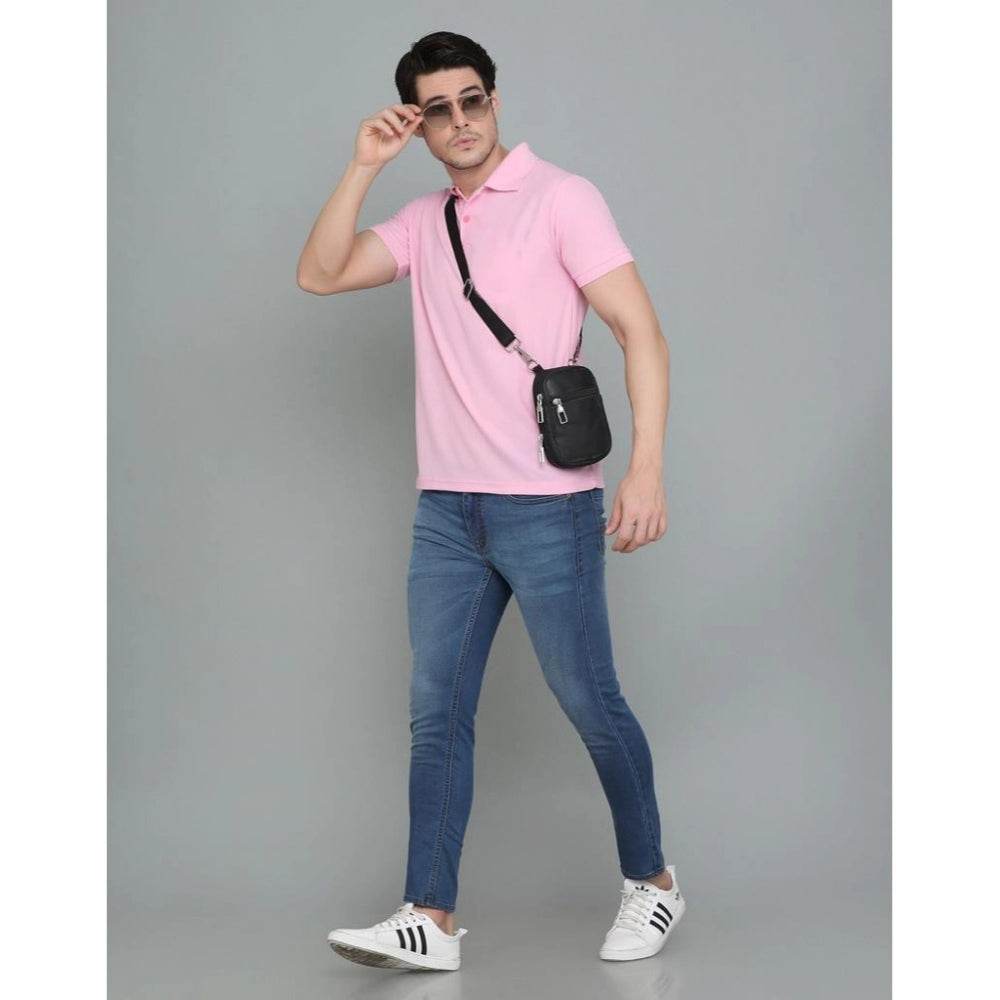 Generic Men's Casual Half Sleeve Solid Cotton Blended Polo Neck T-shirt (Pink) - MYLUXURY LANE ENTERPRISE