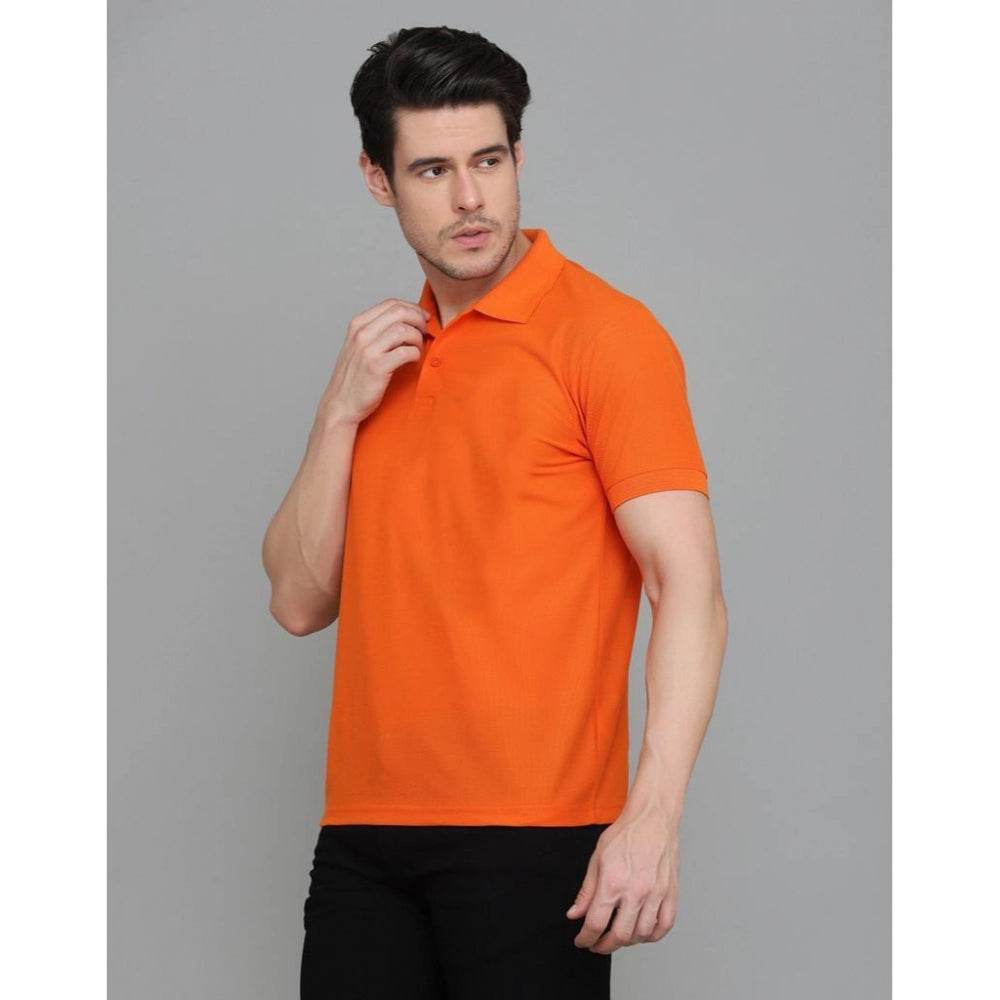Generic Men's Casual Half Sleeve Solid Cotton Blended Polo Neck T-shirt (Orange) - MYLUXURY LANE ENTERPRISE