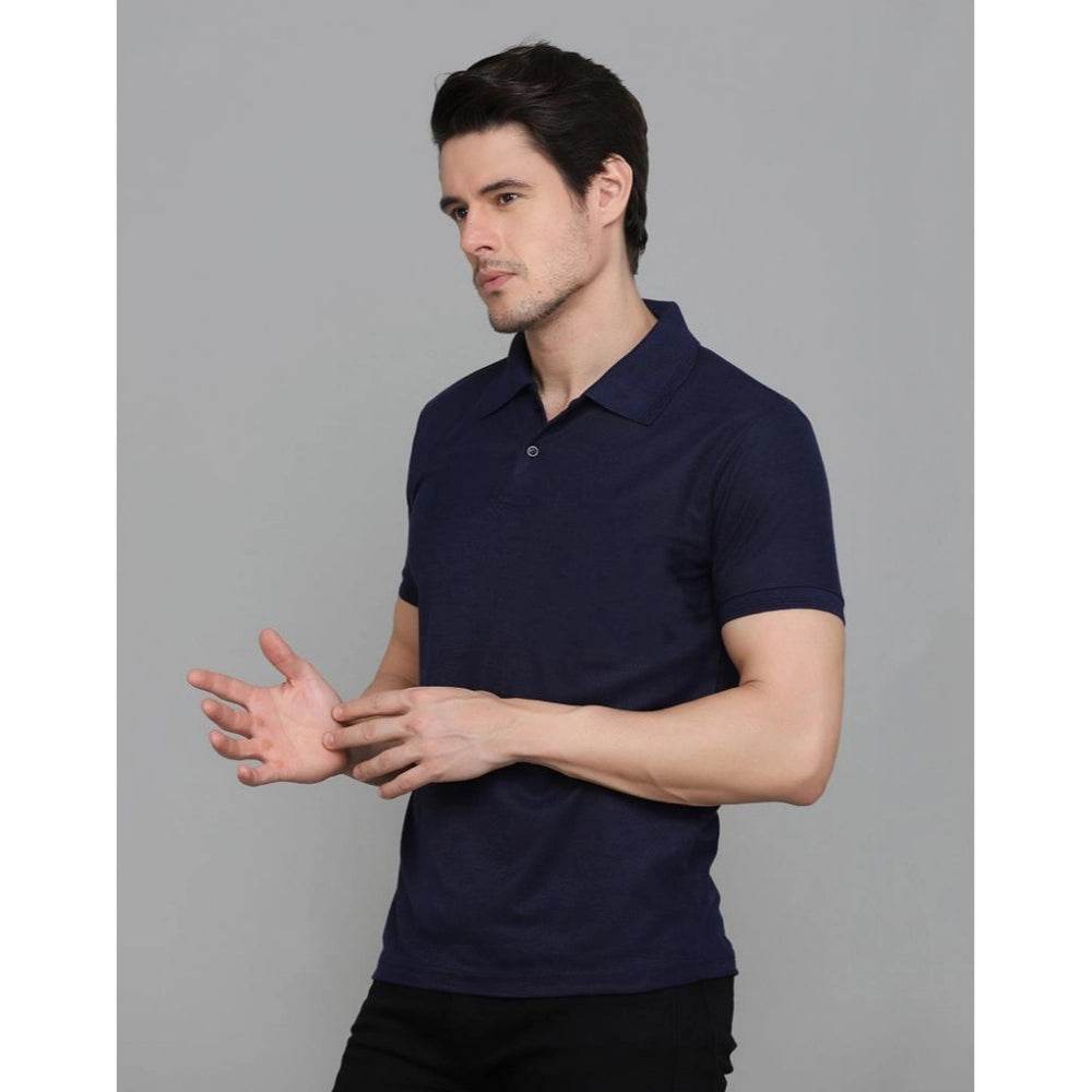 Generic Men's Casual Half Sleeve Solid Cotton Blended Polo Neck T-shirt (Navy Blue) - MYLUXURY LANE ENTERPRISE