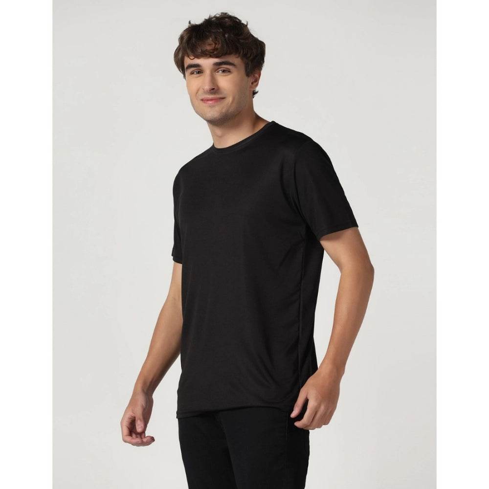 Generic Men's Casual Half Sleeve Solid Polyester Round Neck T-shirt (Black) - MYLUXURY LANE ENTERPRISE