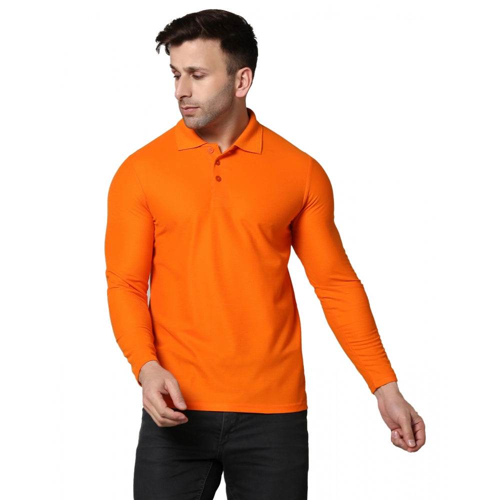 Generic Men's Casual Full Sleeve Solid Cotton Blended Polo Neck T-shirt (Orange) - MYLUXURY LANE ENTERPRISE