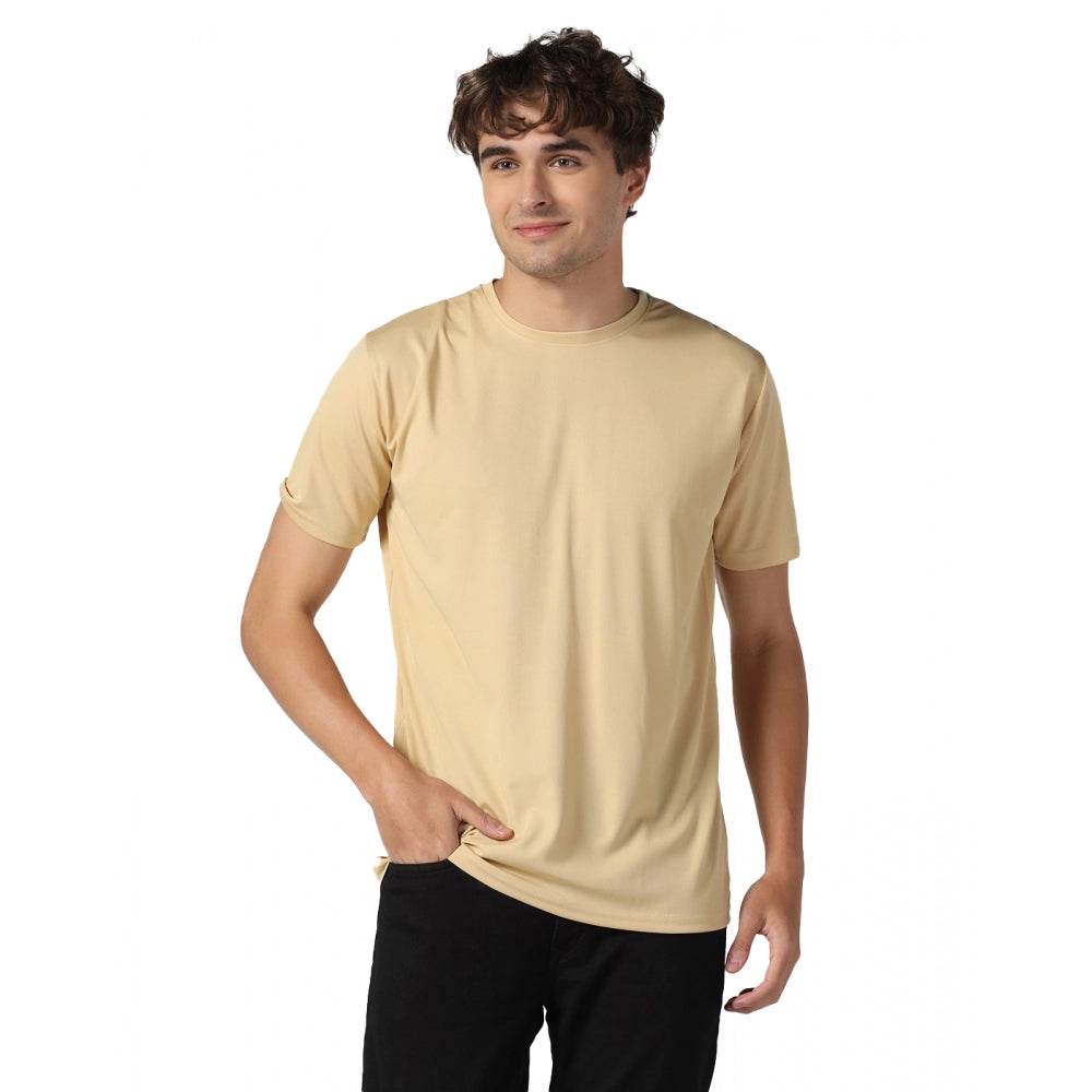 Generic Men's Casual Half Sleeve Solid Polyester Round Neck T-shirt (Beige) - MYLUXURY LANE ENTERPRISE