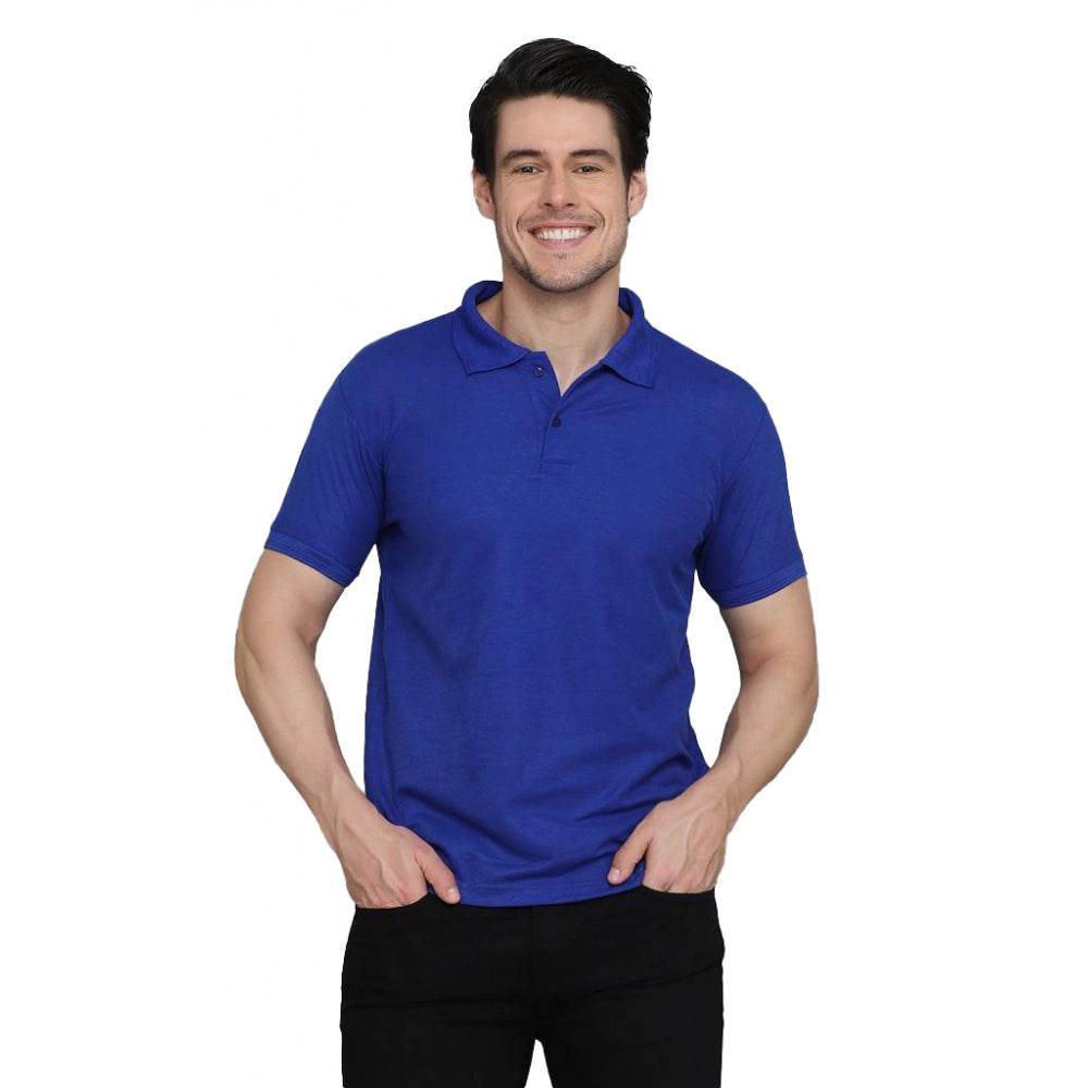 Generic Men's Casual Half Sleeve Solid Cotton Blended Polo Neck T-shirt (Blue) - MYLUXURY LANE ENTERPRISE