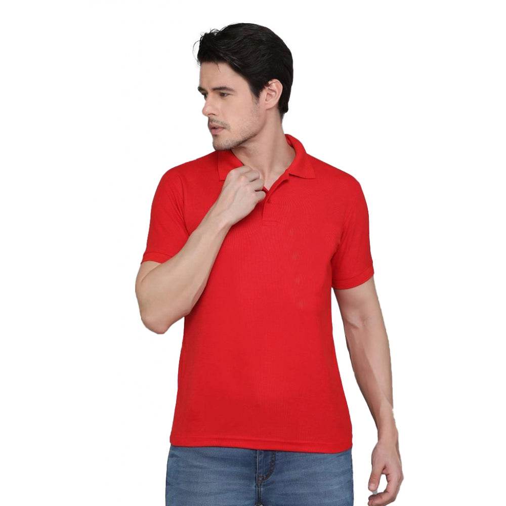 Generic Men's Casual Half Sleeve Solid Cotton Blended Polo Neck T-shirt (Red) - MYLUXURY LANE ENTERPRISE