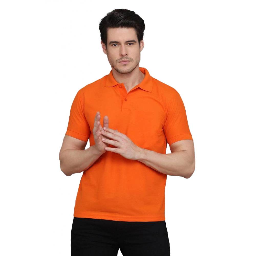 Generic Men's Casual Half Sleeve Solid Cotton Blended Polo Neck T-shirt (Orange) - MYLUXURY LANE ENTERPRISE