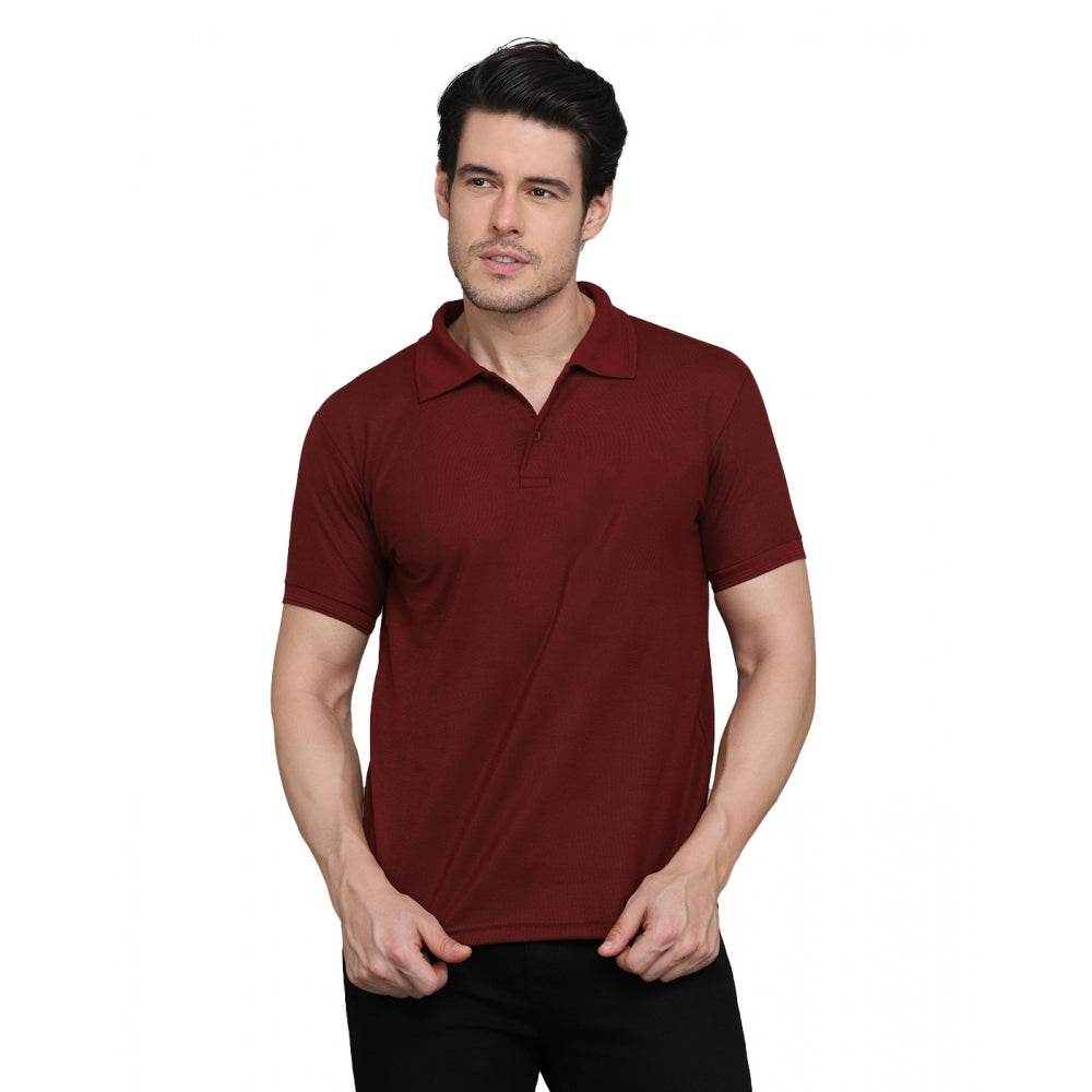 Generic Men's Casual Half Sleeve Solid Cotton Blended Polo Neck T-shirt (Maroon) - MYLUXURY LANE ENTERPRISE