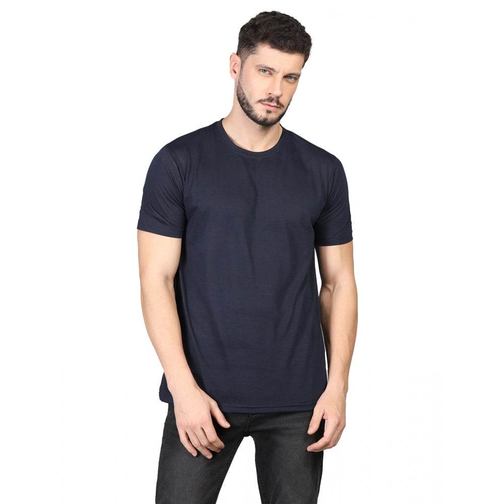 Generic Men's Casual Half Sleeve Solid Cotton Blended Round Neck T-shirt (Dark Blue) - MYLUXURY LANE ENTERPRISE