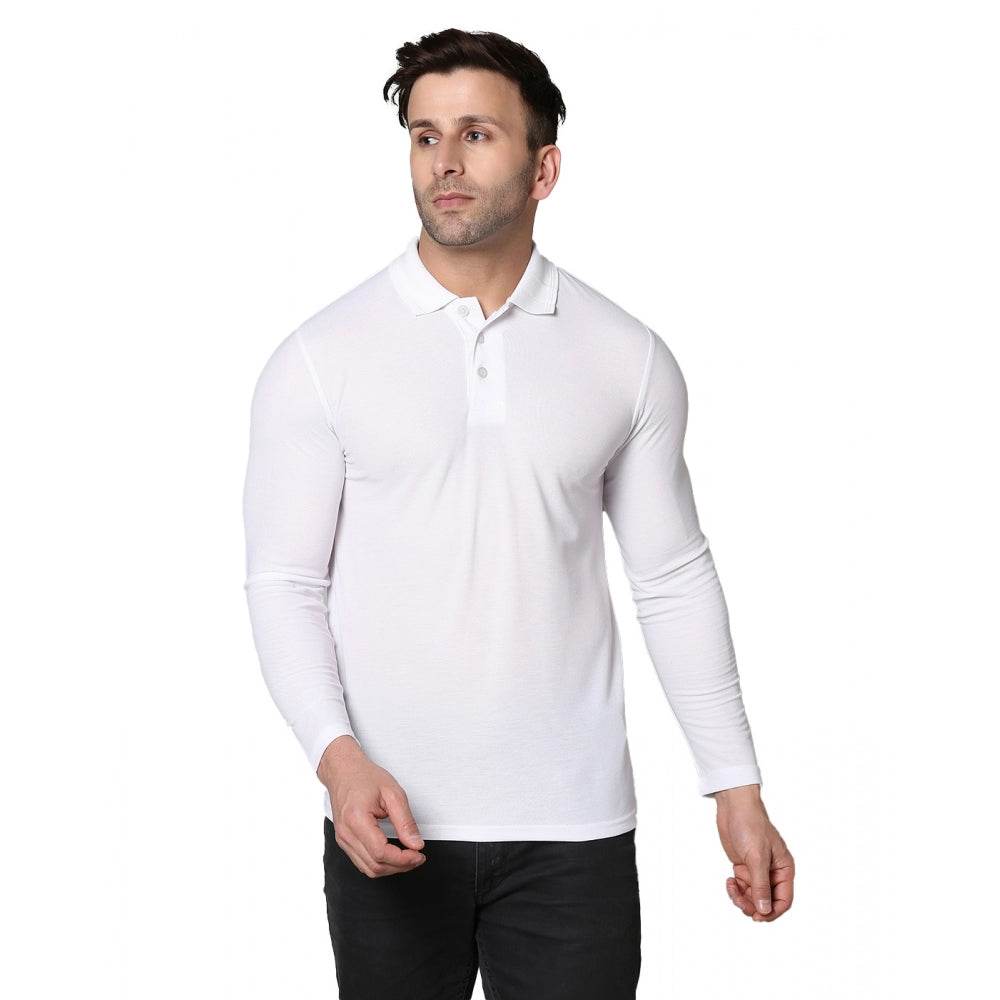 Generic Men's Casual Full Sleeve Solid Cotton Blended Polo Neck T-shirt (White) - MYLUXURY LANE ENTERPRISE