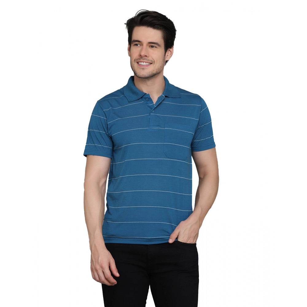 Generic Men's Casual Half Sleeve Striped Cotton Blended Polo Neck T-shirt (Teel Blue) - MYLUXURY LANE ENTERPRISE