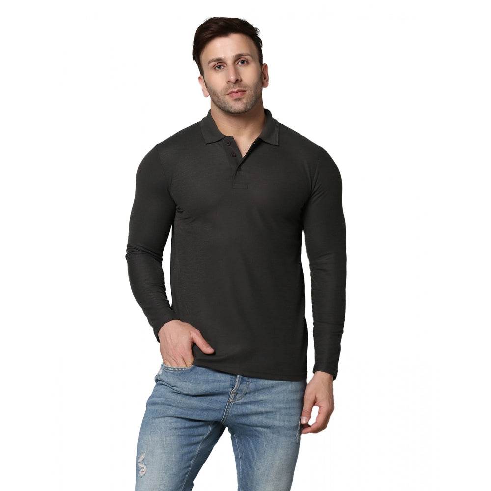 Generic Men's Casual Full Sleeve Solid Cotton Blended Polo Neck T-shirt (D.Grey) - MYLUXURY LANE ENTERPRISE