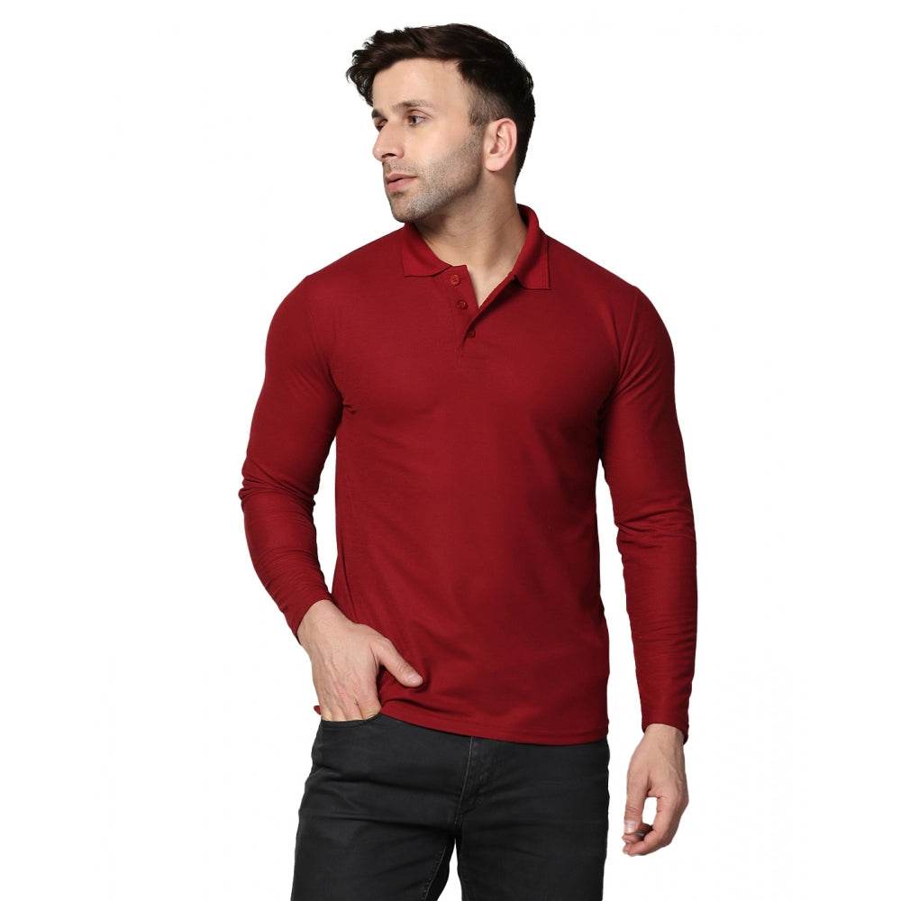 Generic Men's Casual Full Sleeve Solid Cotton Blended Polo Neck T-shirt (Maroon) - MYLUXURY LANE ENTERPRISE