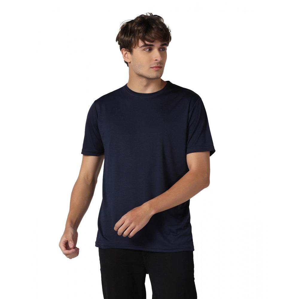 Generic Men's Casual Half Sleeve Solid Polyester Round Neck T-shirt (Navy) - MYLUXURY LANE ENTERPRISE