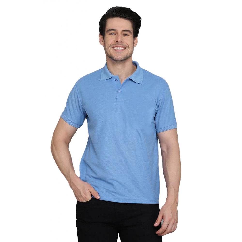 Generic Men's Casual Half Sleeve Solid Cotton Blended Polo Neck T-shirt (Blue) - MYLUXURY LANE ENTERPRISE