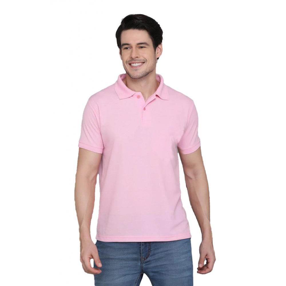Generic Men's Casual Half Sleeve Solid Cotton Blended Polo Neck T-shirt (Pink) - MYLUXURY LANE ENTERPRISE