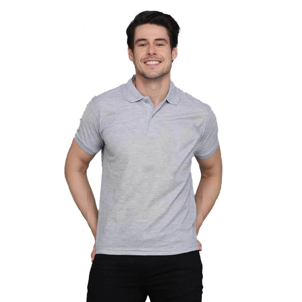 Generic Men's Casual Half Sleeve Solid Cotton Blended Polo Neck T-shirt (Grey) - MYLUXURY LANE ENTERPRISE