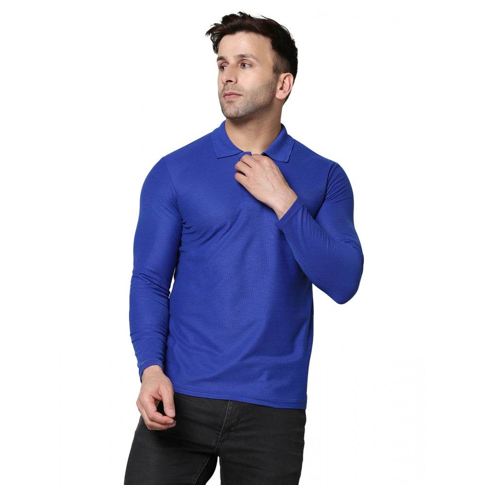 Generic Men's Casual Full Sleeve Solid Cotton Blended Polo Neck T-shirt (Royal) - MYLUXURY LANE ENTERPRISE