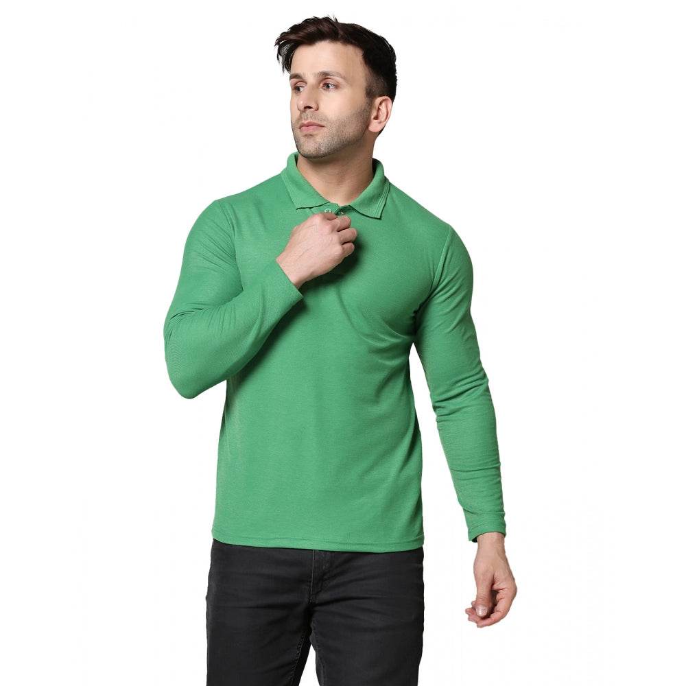 Generic Men's Casual Full Sleeve Solid Cotton Blended Polo Neck T-shirt (P.Green) - MYLUXURY LANE ENTERPRISE
