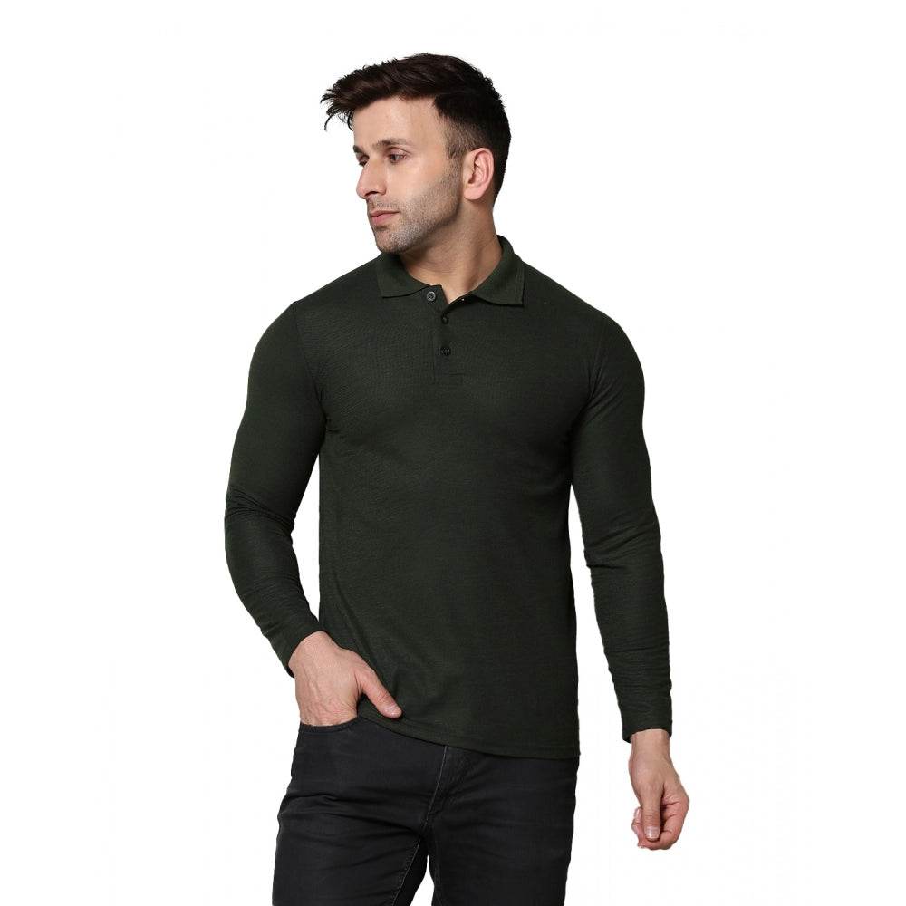 Generic Men's Casual Full Sleeve Solid Cotton Blended Polo Neck T-shirt (B.Green) - MYLUXURY LANE ENTERPRISE