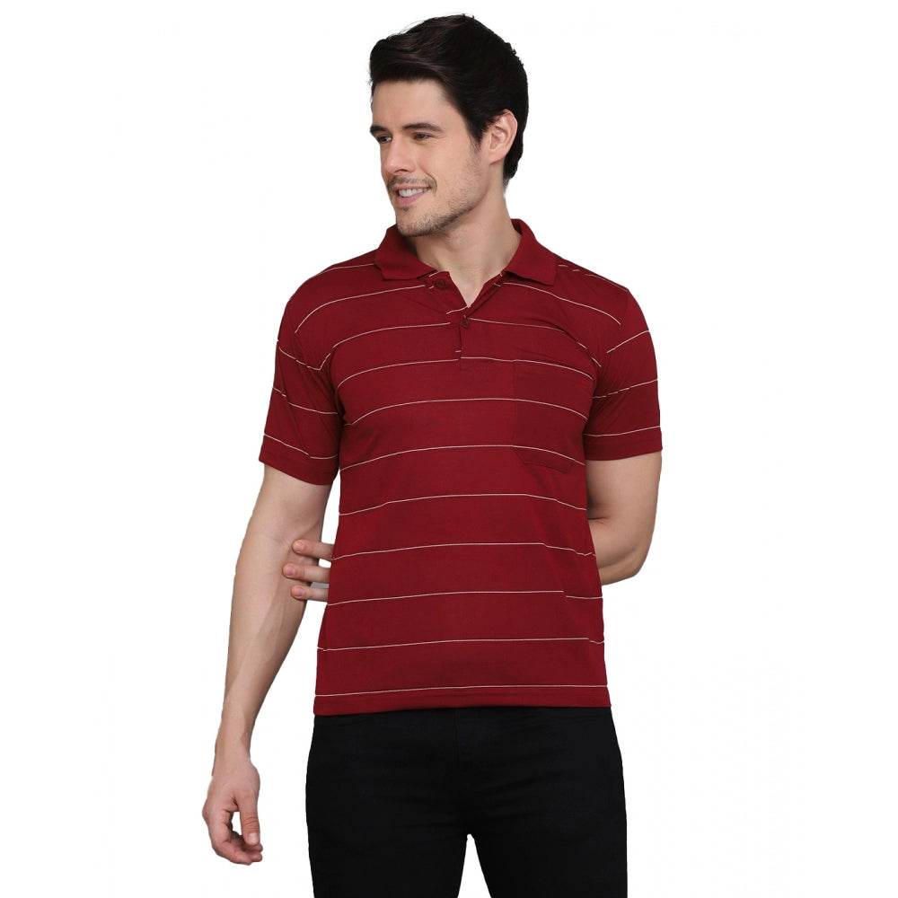 Generic Men's Casual Half Sleeve Striped Cotton Blended Polo Neck T-shirt (Maroon) - MYLUXURY LANE ENTERPRISE