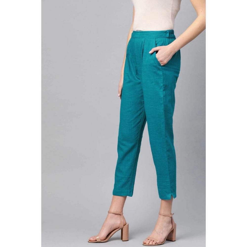 Generic Women's Casual Solid Cotton Slub Trouser Pant (Rama Blue) - MYLUXURY LANE ENTERPRISE