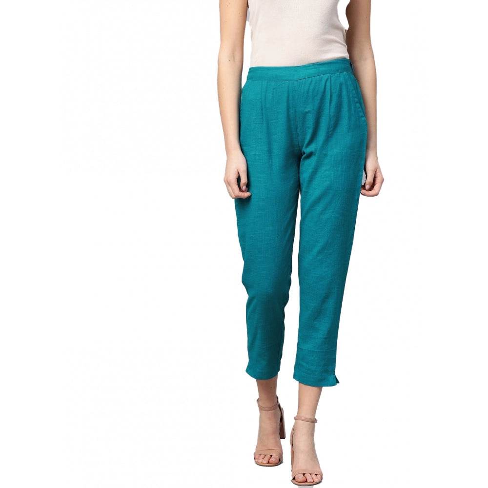 Generic Women's Casual Solid Cotton Slub Trouser Pant (Rama Blue) - MYLUXURY LANE ENTERPRISE