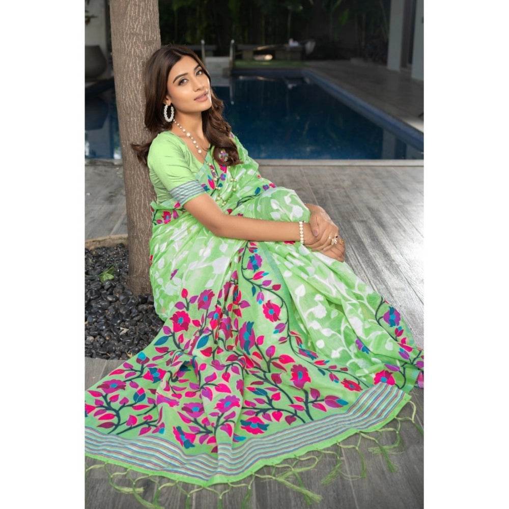 Generic Women's Cotton Printed Saree With Unstitched Blouse (Green, 5-6 Mtrs) - MYLUXURY LANE ENTERPRISE