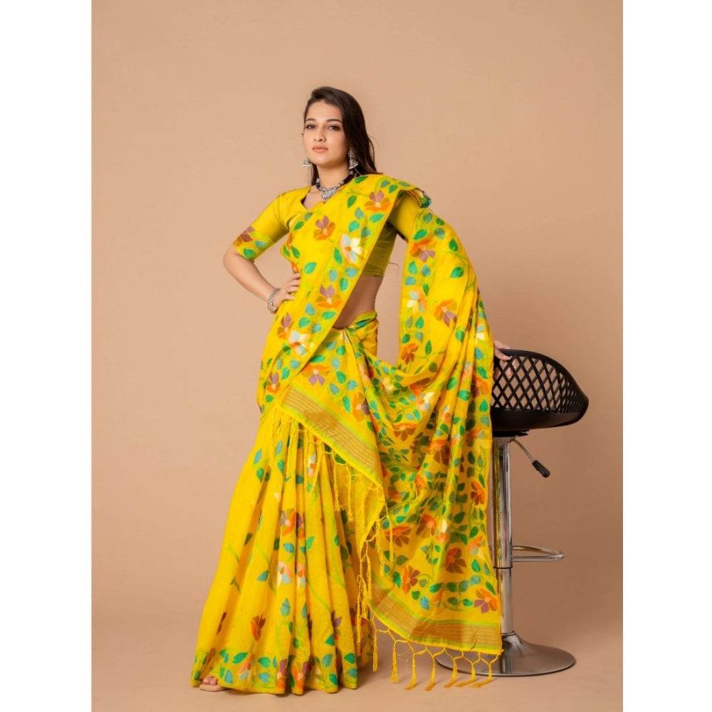 Generic Women's Cotton Printed Saree With Unstitched Blouse (Yellow, 5-6 Mtrs) - MYLUXURY LANE ENTERPRISE