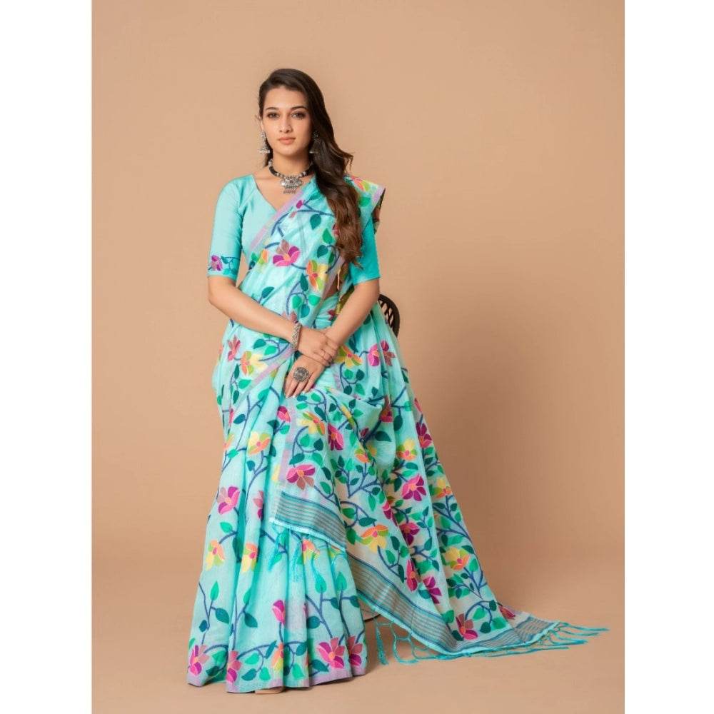 Generic Women's Cotton Printed Saree With Unstitched Blouse (Sky Blue, 5-6 Mtrs) - MYLUXURY LANE ENTERPRISE