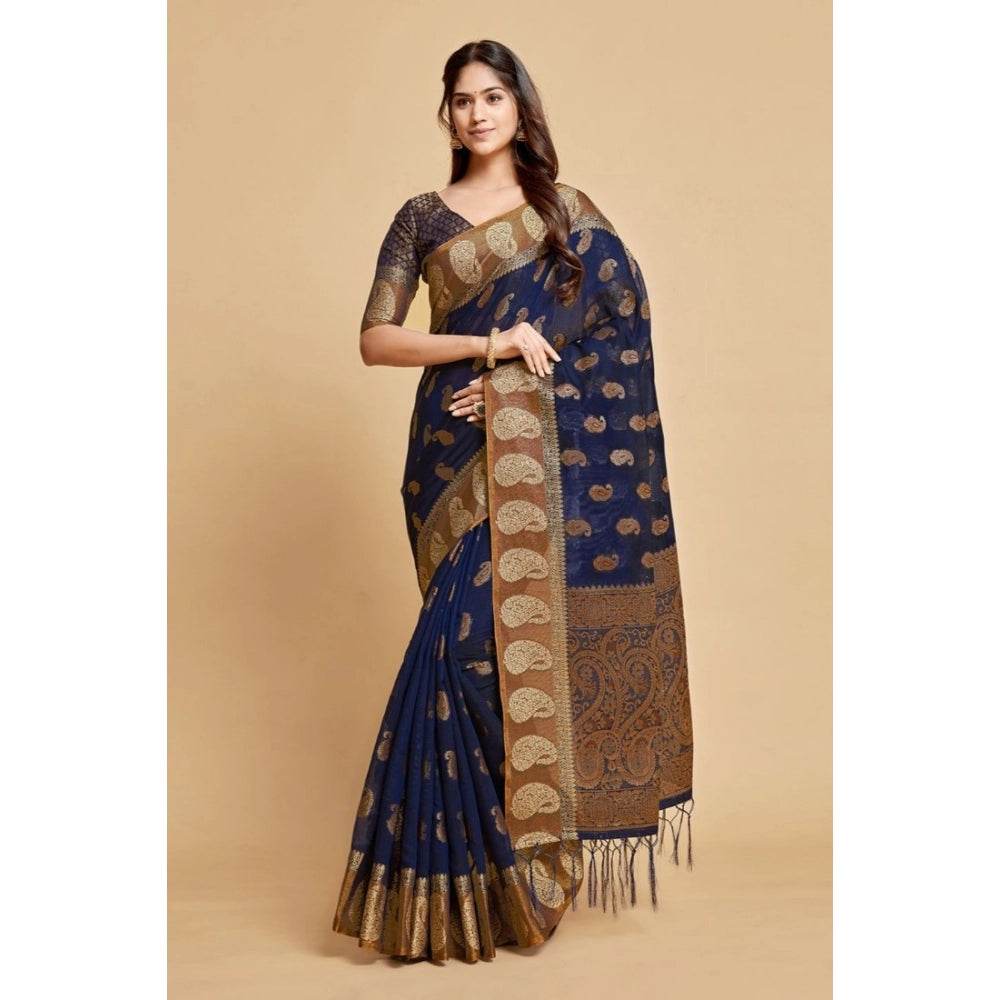 Generic Women's Chanderi Cotton Printed Saree With Unstitched Blouse (Navy Blue, 5-6 Mtrs) - MYLUXURY LANE ENTERPRISE