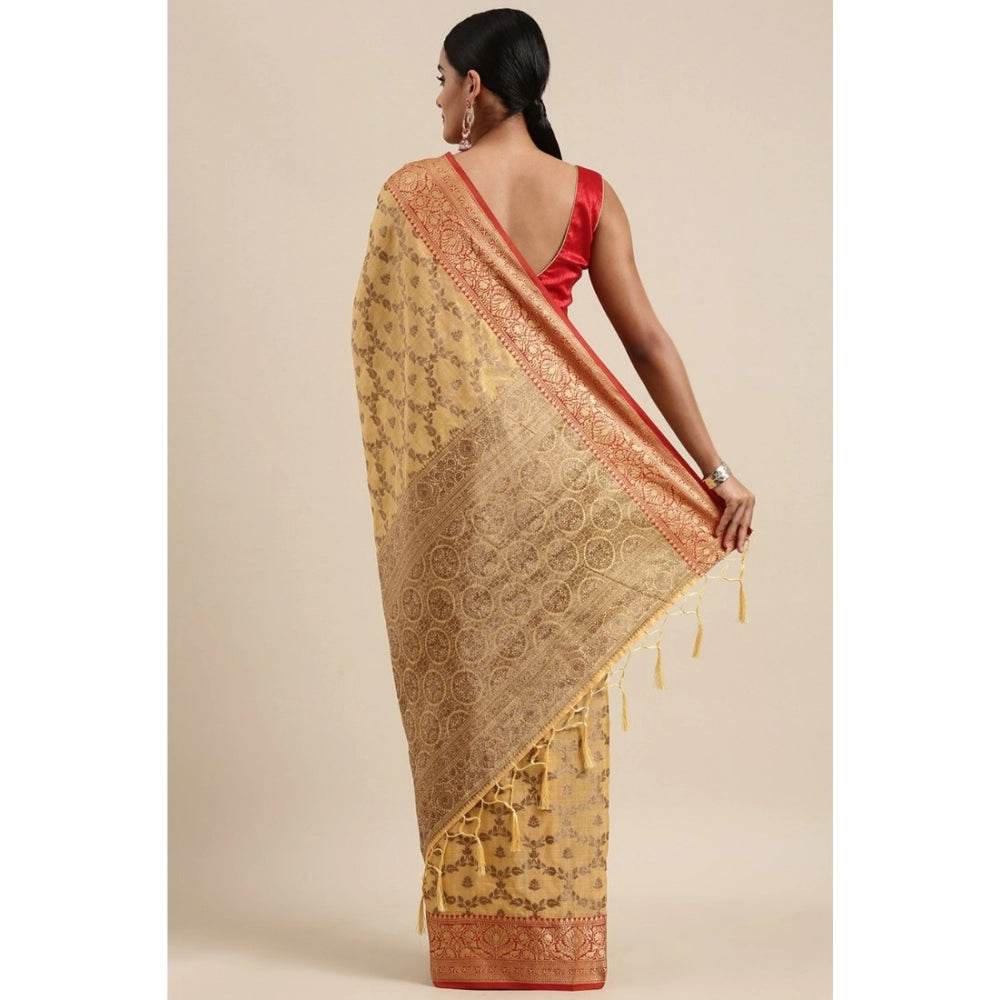 Generic Women's Chanderi Cotton Printed Saree With Unstitched Blouse (Yellow, 5-6 Mtrs) - MYLUXURY LANE ENTERPRISE