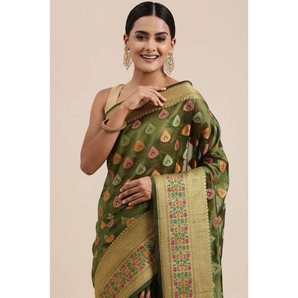 Generic Women's Organza Printed Saree With Unstitched Blouse (Mahendi, 5-6 Mtrs) - MYLUXURY LANE ENTERPRISE