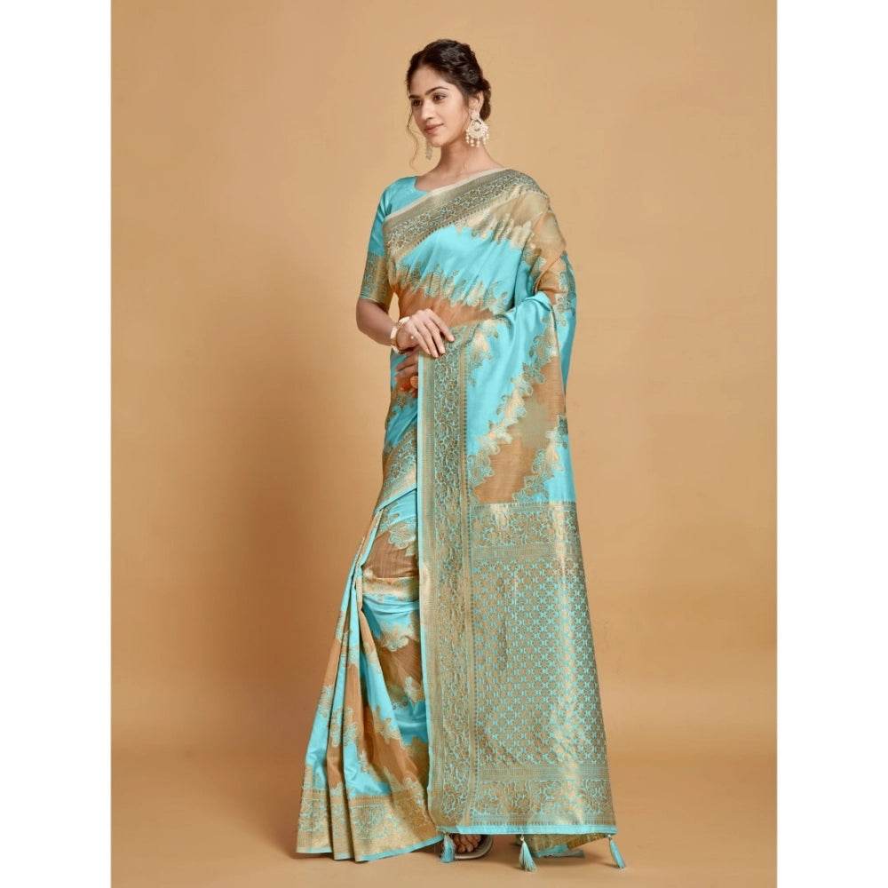 Generic Women's Linen Printed Saree With Unstitched Blouse (Sky Blue, 5-6 Mtrs) - MYLUXURY LANE ENTERPRISE