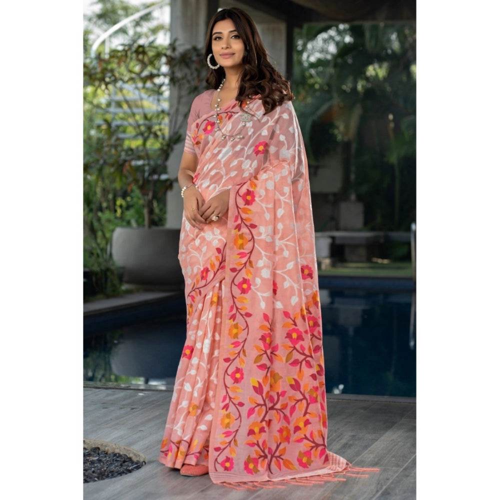 Generic Women's Cotton Printed Saree With Unstitched Blouse (Peach, 5-6 Mtrs) - MYLUXURY LANE ENTERPRISE