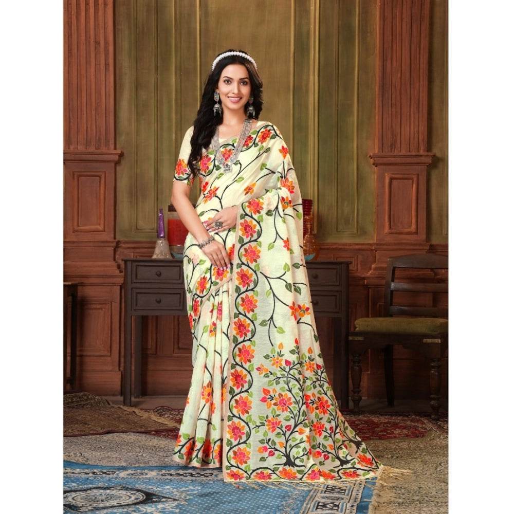 Generic Women's Organza Printed Saree With Unstitched Blouse (White, 5-6 Mtrs) - MYLUXURY LANE ENTERPRISE