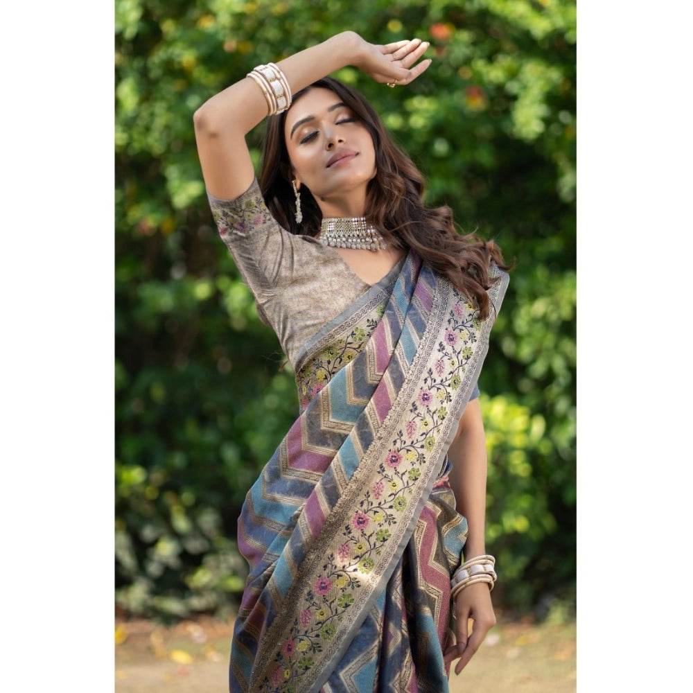 Generic Women's Organza Printed Saree With Unstitched Blouse (Teal, 5-6 Mtrs) - MYLUXURY LANE ENTERPRISE