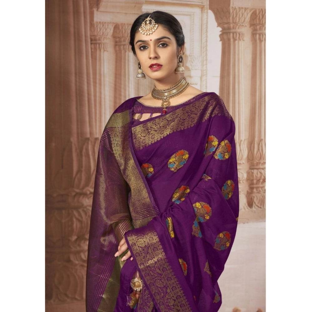 Generic Women's Chanderi Cotton Printed Saree With Unstitched Blouse (Purple, 5-6 Mtrs) - MYLUXURY LANE ENTERPRISE
