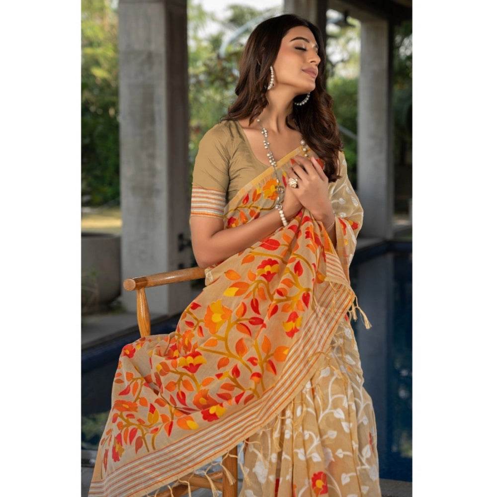 Generic Women's Cotton Printed Saree With Unstitched Blouse (Beige, 5-6 Mtrs) - MYLUXURY LANE ENTERPRISE