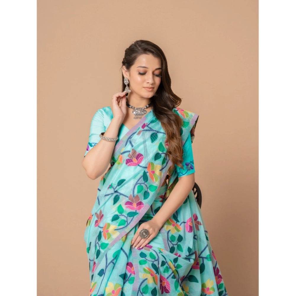 Generic Women's Cotton Printed Saree With Unstitched Blouse (Sky Blue, 5-6 Mtrs) - MYLUXURY LANE ENTERPRISE
