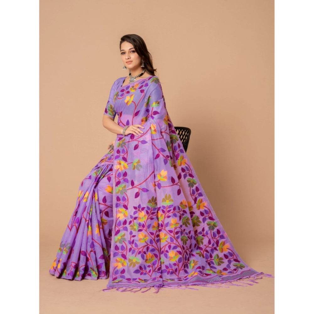 Generic Women's Cotton Printed Saree With Unstitched Blouse (Lavender, 5-6 Mtrs) - MYLUXURY LANE ENTERPRISE
