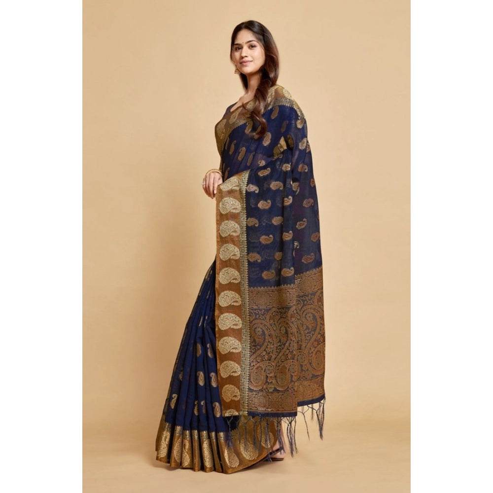 Generic Women's Chanderi Cotton Printed Saree With Unstitched Blouse (Navy Blue, 5-6 Mtrs) - MYLUXURY LANE ENTERPRISE