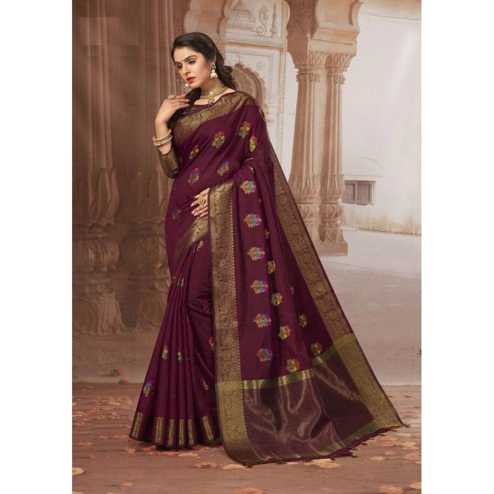 Generic Women's Chanderi Cotton Printed Saree With Unstitched Blouse (Maroon, 5-6 Mtrs) - MYLUXURY LANE ENTERPRISE