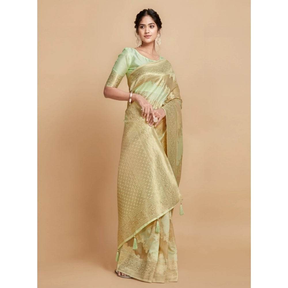 Generic Women's Linen Printed Saree With Unstitched Blouse (Pista, 5-6 Mtrs) - MYLUXURY LANE ENTERPRISE