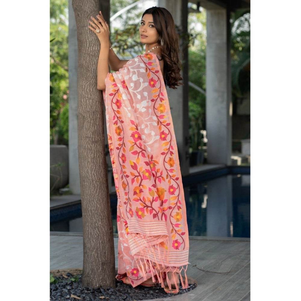 Generic Women's Cotton Printed Saree With Unstitched Blouse (Peach, 5-6 Mtrs) - MYLUXURY LANE ENTERPRISE