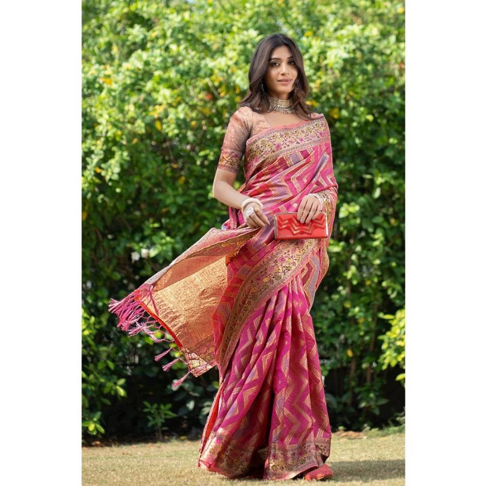 Generic Women's Organza Printed Saree With Unstitched Blouse (Pink, 5-6 Mtrs) - MYLUXURY LANE ENTERPRISE
