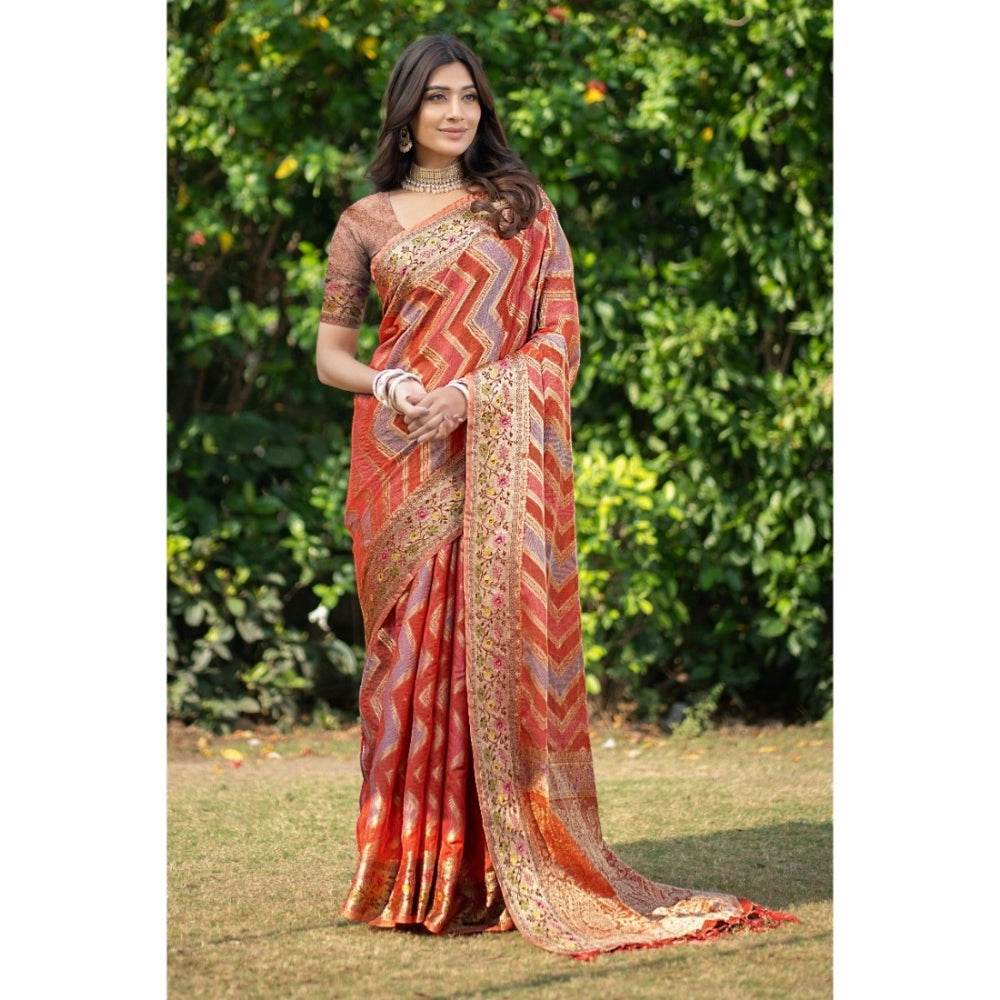 Generic Women's Organza Printed Saree With Unstitched Blouse (Orange, 5-6 Mtrs) - MYLUXURY LANE ENTERPRISE