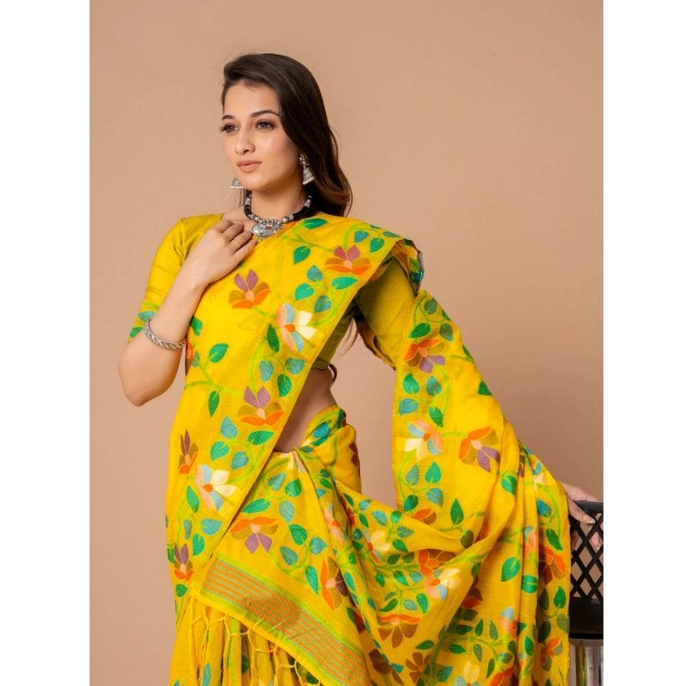 Generic Women's Cotton Printed Saree With Unstitched Blouse (Yellow, 5-6 Mtrs) - MYLUXURY LANE ENTERPRISE