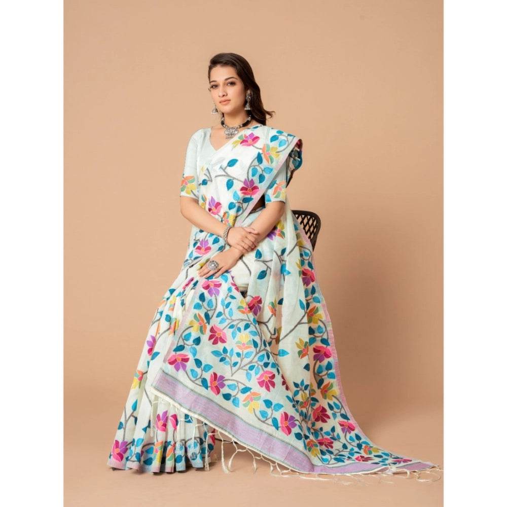 Generic Women's Cotton Printed Saree With Unstitched Blouse (White, 5-6 Mtrs) - MYLUXURY LANE ENTERPRISE
